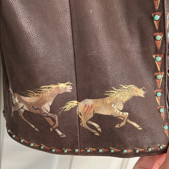 Patricia Wolf brown leather horses jacket turquoise stone details women’s large - Picture 7 of 12